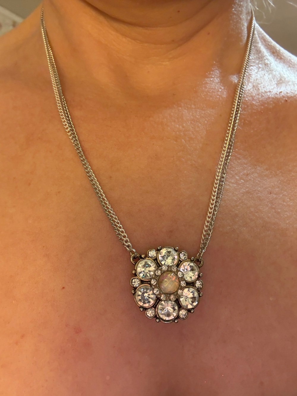 Hand-Crafted Crystal Flower Pendant Necklace - Silver Tone